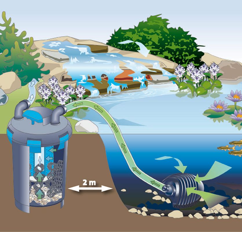 Funktionsweise eines Teichfilter-Sets in schemenhafter Skizze erklärt.